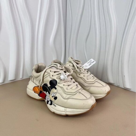 Gucci X Disney Womens Rhyton Sneakers Mickey Mouse Print Low Top Cream Size 35.5